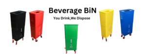 Colorful rolling beverage disposal bins.