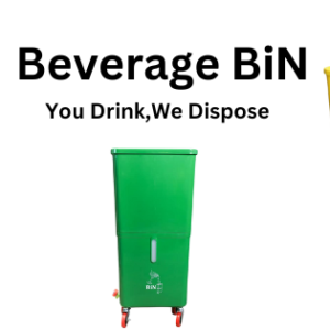 Colorful rolling beverage disposal bins.