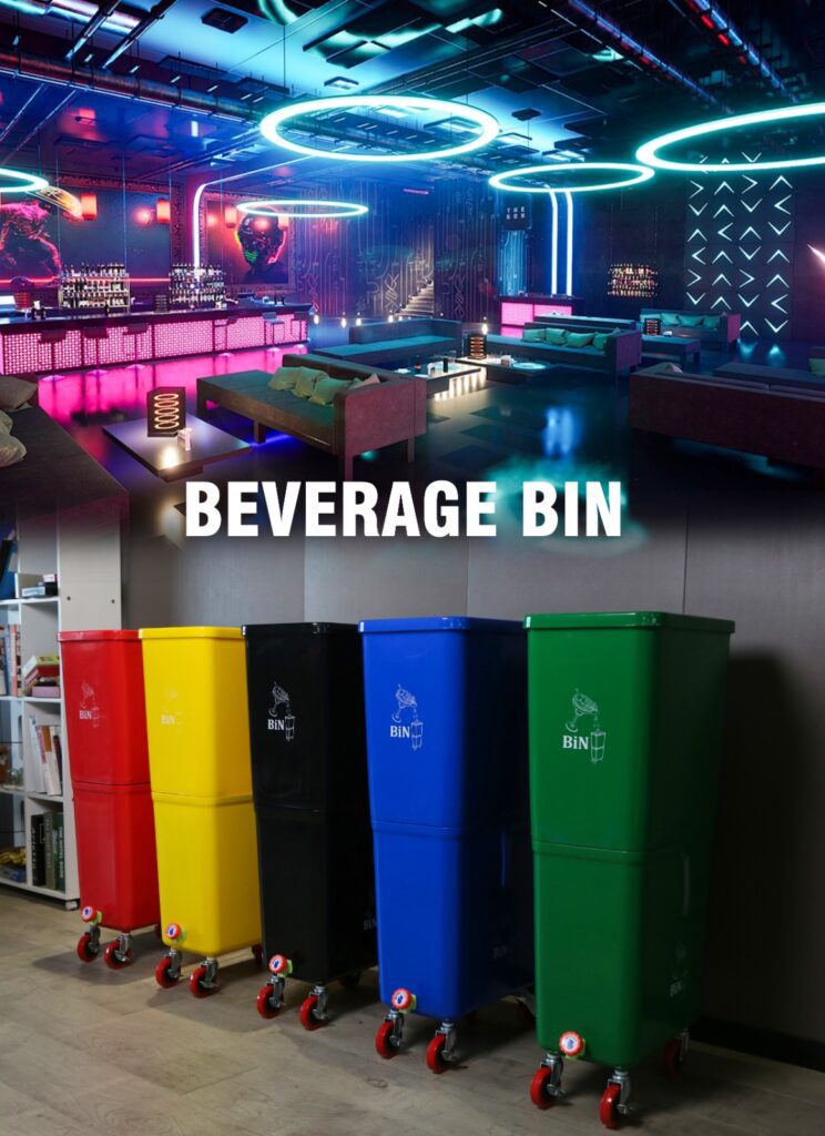 Colorful beverage bins on wheels.