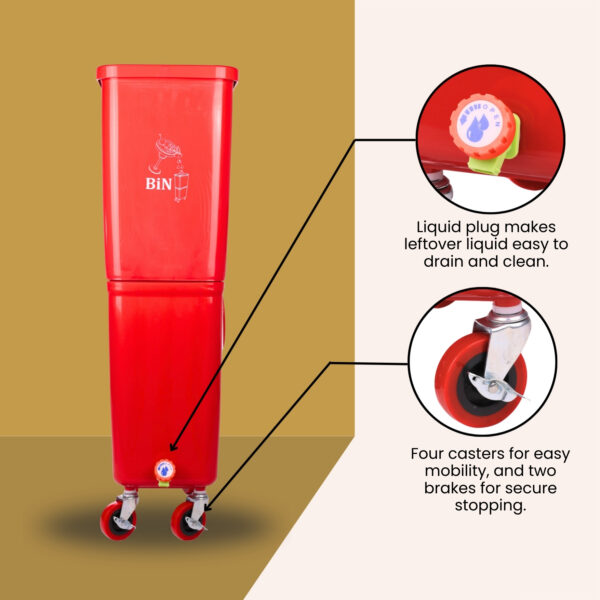 Red Commercial Beverage Bin with Wheels | Dual-Compartment Drink Dump Bin - Image 5