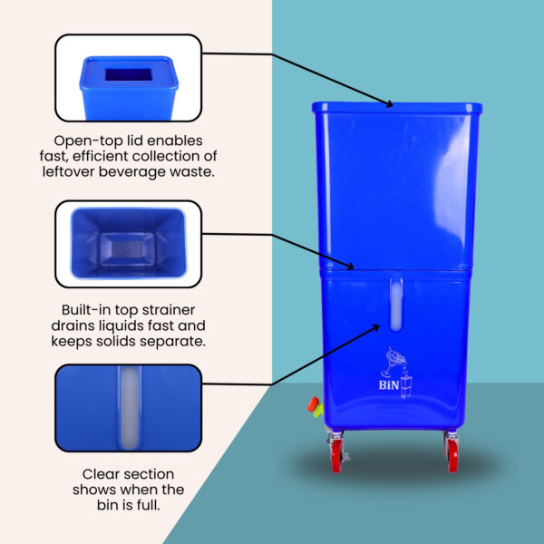 Blue Commercial Beverage Bin with Wheels | Dual-Compartment Drink Dump Bin - Image 3