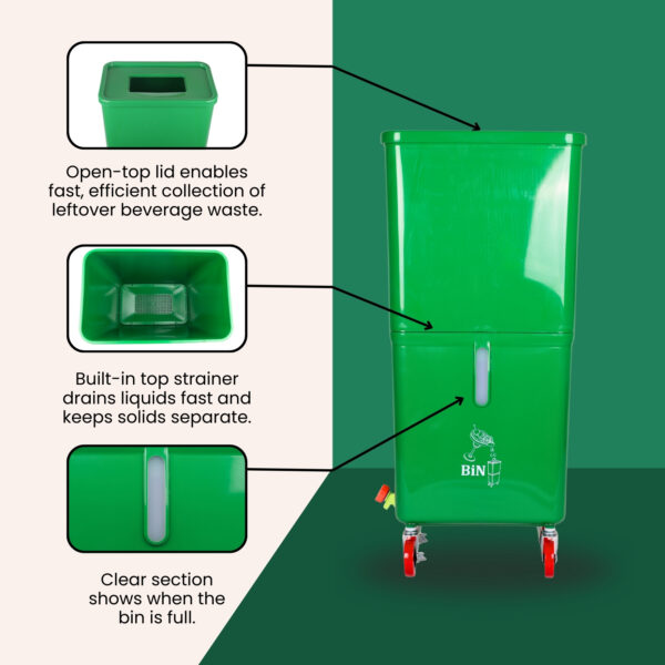 Green Commercial Beverage Bin with Wheels | Dual-Compartment Drink Dump Bin - Image 4