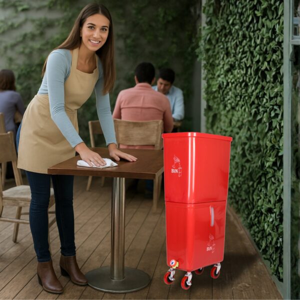 Red Commercial Beverage Bin with Wheels | Dual-Compartment Drink Dump Bin - Image 10