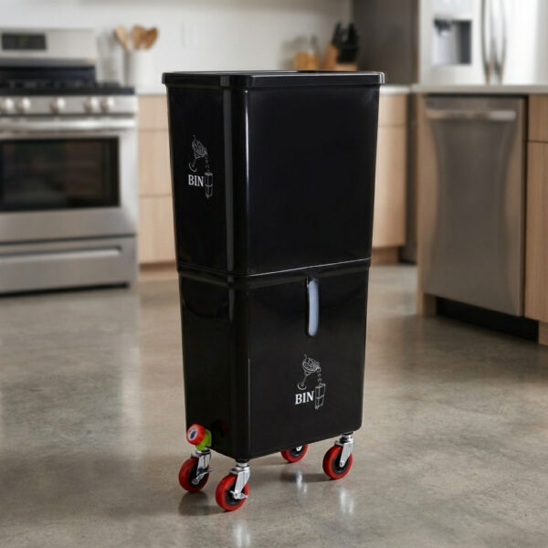 Black Commercial Beverage Bin with Wheels | Dual-Compartment Drink Dump Bin - Image 9