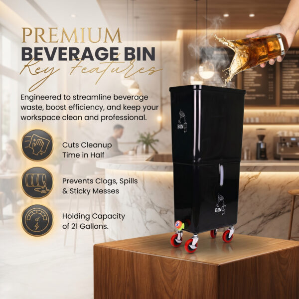 Black (12-Pack) Beverage Waste Collection Bins for Hospitality & Catering, Mobile Liquid Disposal Containers with Debris Separation, Commercial Drink Pour-Off Stations - Image 3