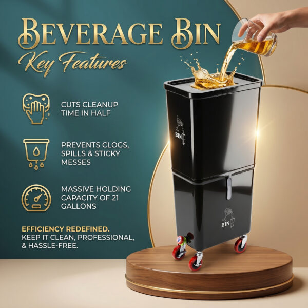 Black Commercial Beverage Bin with Wheels | Dual-Compartment Drink Dump Bin - Image 2