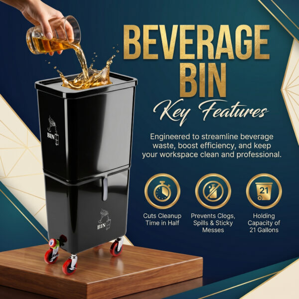 Black (6-Pack) Beverage Waste Collection Bins for Hospitality & Catering, Mobile Liquid Disposal Containers with Debris Separation, Commercial Drink Pour-Off Stations - Image 4