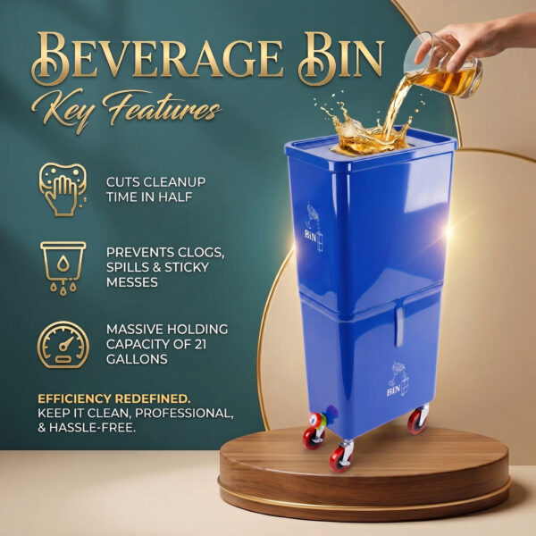 Blue (6-Pack) Beverage Waste Collection Bins for Hospitality & Catering, Mobile Liquid Disposal Containers with Debris Separation, Commercial Drink Pour-Off Stations - Image 5