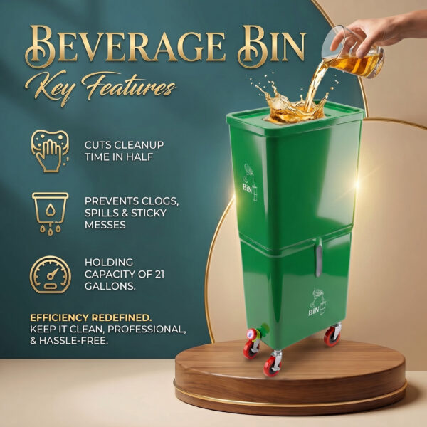 Green Commercial Beverage Bin with Wheels | Dual-Compartment Drink Dump Bin - Image 2