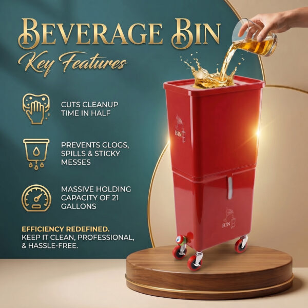 Red Commercial Beverage Bin with Wheels | Dual-Compartment Drink Dump Bin - Image 2