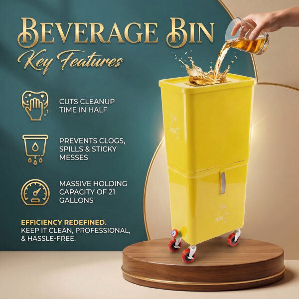 Yellow Commercial Beverage Bin with Wheels | Dual-Compartment Drink Dump Bin - Image 2