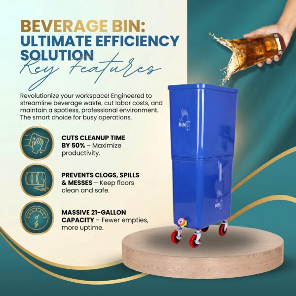 Blue (12-Pack) Beverage Waste Collection Bins for Hospitality & Catering, Mobile Liquid Disposal Containers with Debris Separation, Commercial Drink Pour-Off Stations - Image 3