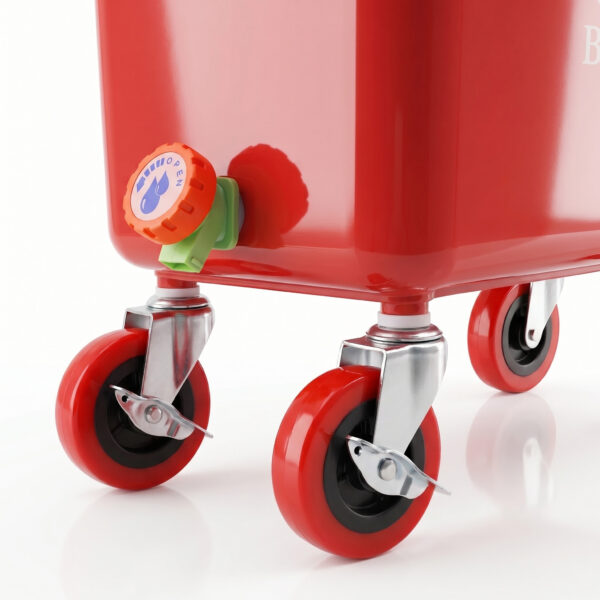 Red Commercial Beverage Bin with Wheels | Dual-Compartment Drink Dump Bin - Image 8