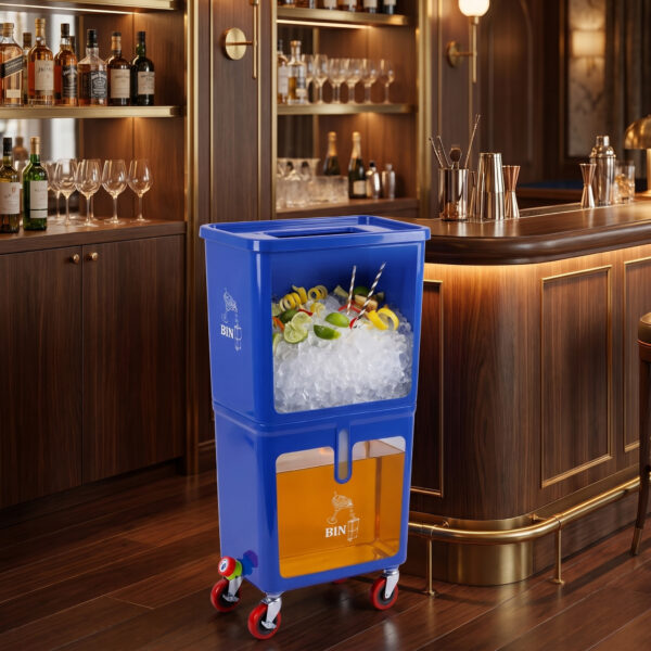 Blue Commercial Beverage Bin with Wheels | Dual-Compartment Drink Dump Bin - Image 10
