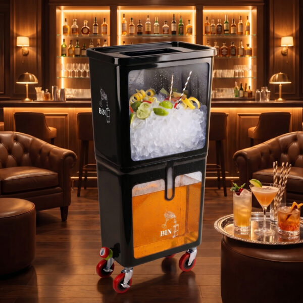 Black Commercial Beverage Bin with Wheels | Dual-Compartment Drink Dump Bin - Image 3