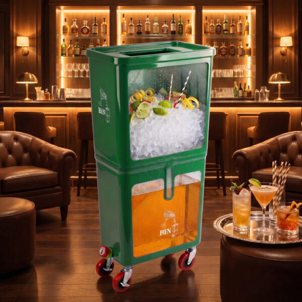 Green Commercial Beverage Bin with Wheels | Dual-Compartment Drink Dump Bin - Image 3