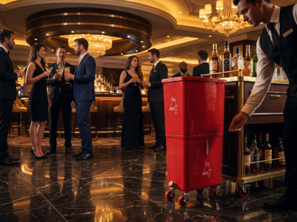 Red (12-Pack) Beverage Waste Collection Bins for Hospitality & Catering, Mobile Liquid Disposal Containers with Debris Separation, Commercial Drink Pour-Off Stations - Image 4