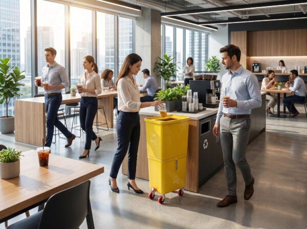 Volume Offer (3-Pack) Yellow Commercial Beverage Bin with Wheels – Dual Compartment Liquid  Disposal – HDPE  Bars, Restaurants & Events - Image 2