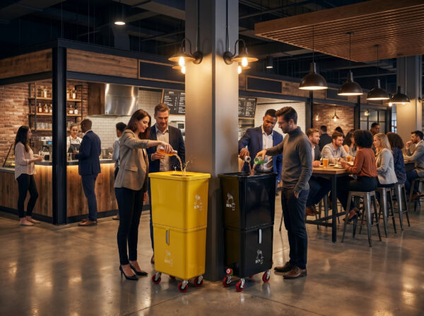 Yellow (12-Pack) Beverage Waste Collection Bins for Hospitality & Catering, Mobile Liquid Disposal Containers with Debris Separation, Commercial Drink Pour-Off Stations - Image 9