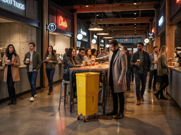 Volume Offer (3-Pack) Yellow Commercial Beverage Bin with Wheels – Dual Compartment Liquid  Disposal – HDPE  Bars, Restaurants & Events - Image 10
