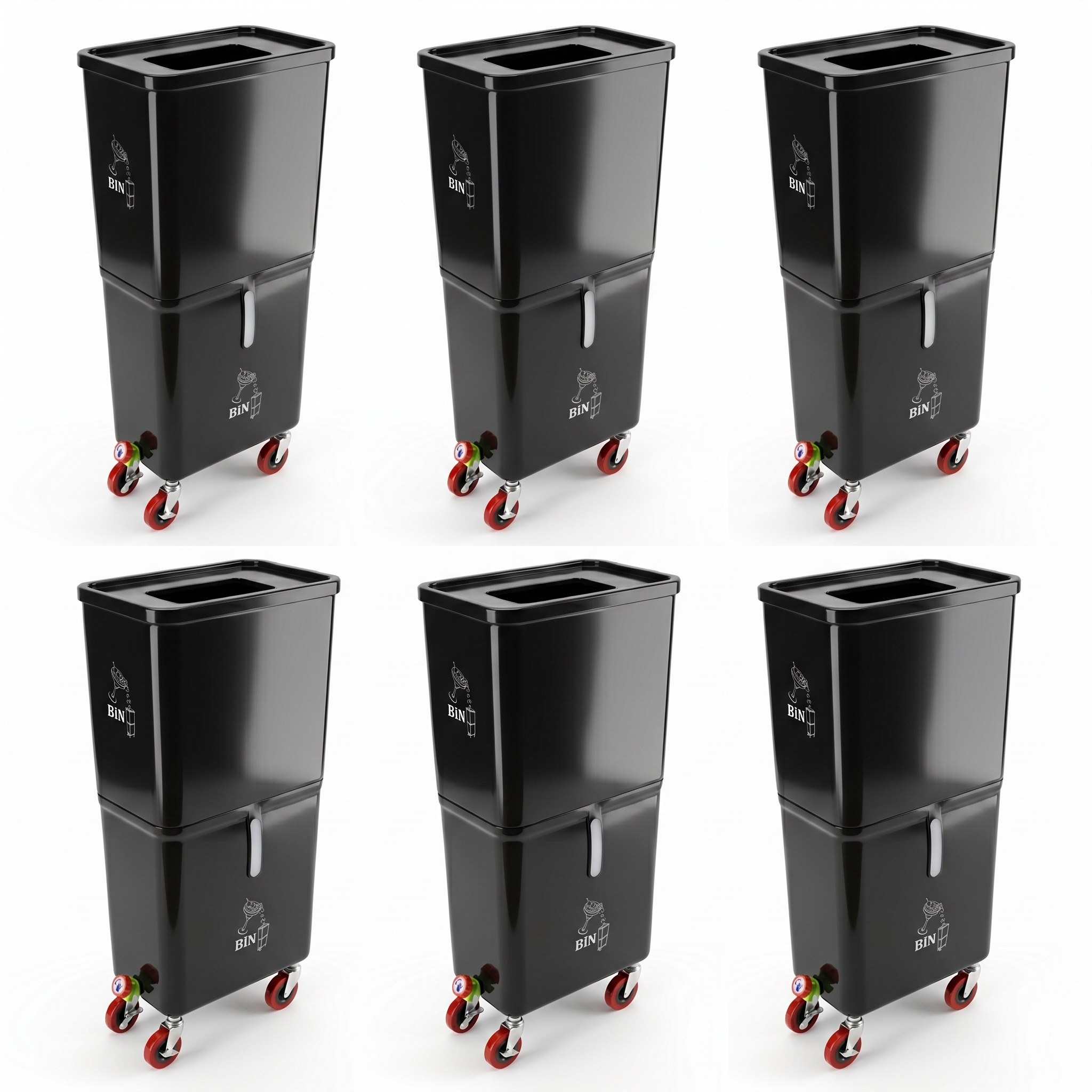 Black (6-Pack) Beverage Waste Collection Bins for Hospitality & Catering, Mobile Liquid Disposal Containers with Debris Separation, Commercial Drink Pour-Off Stations