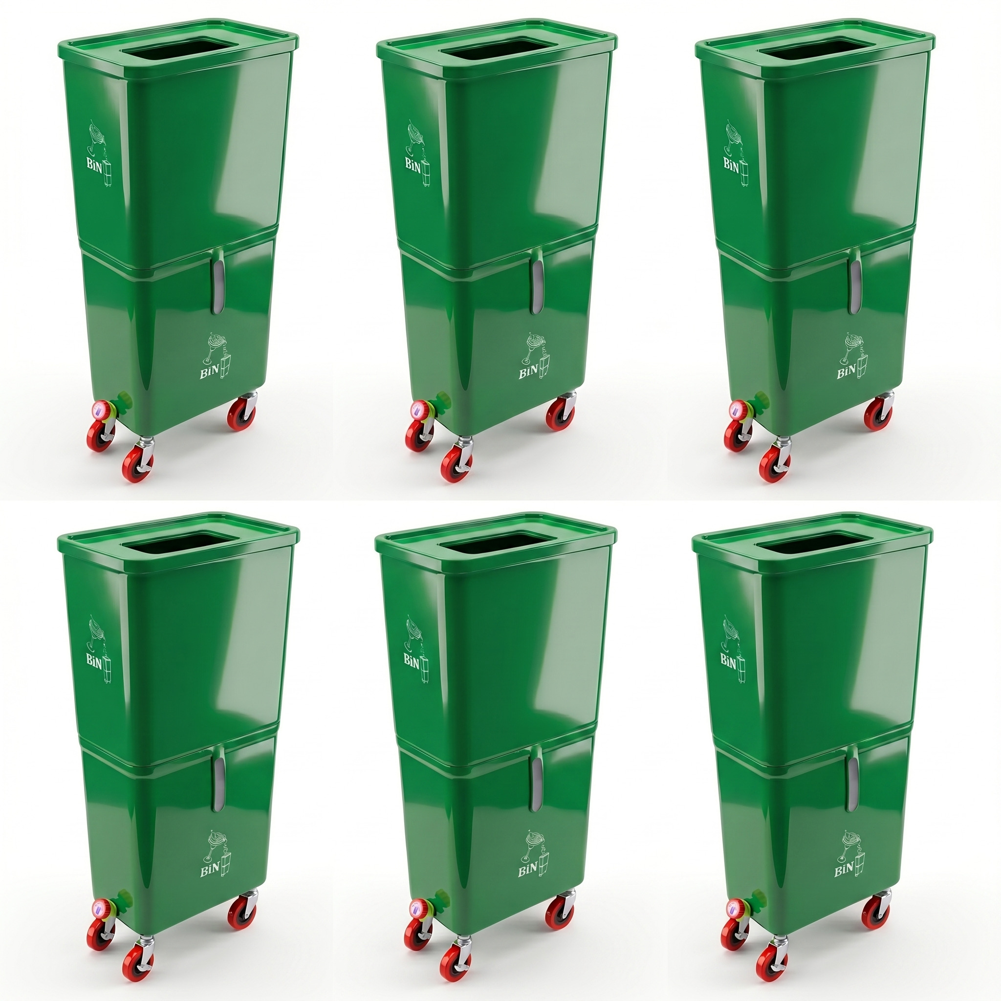 Green (6-Pack) Beverage Waste Collection Bins for Hospitality & Catering, Mobile Liquid Disposal Containers with Debris Separation, Commercial Drink Pour-Off Stations