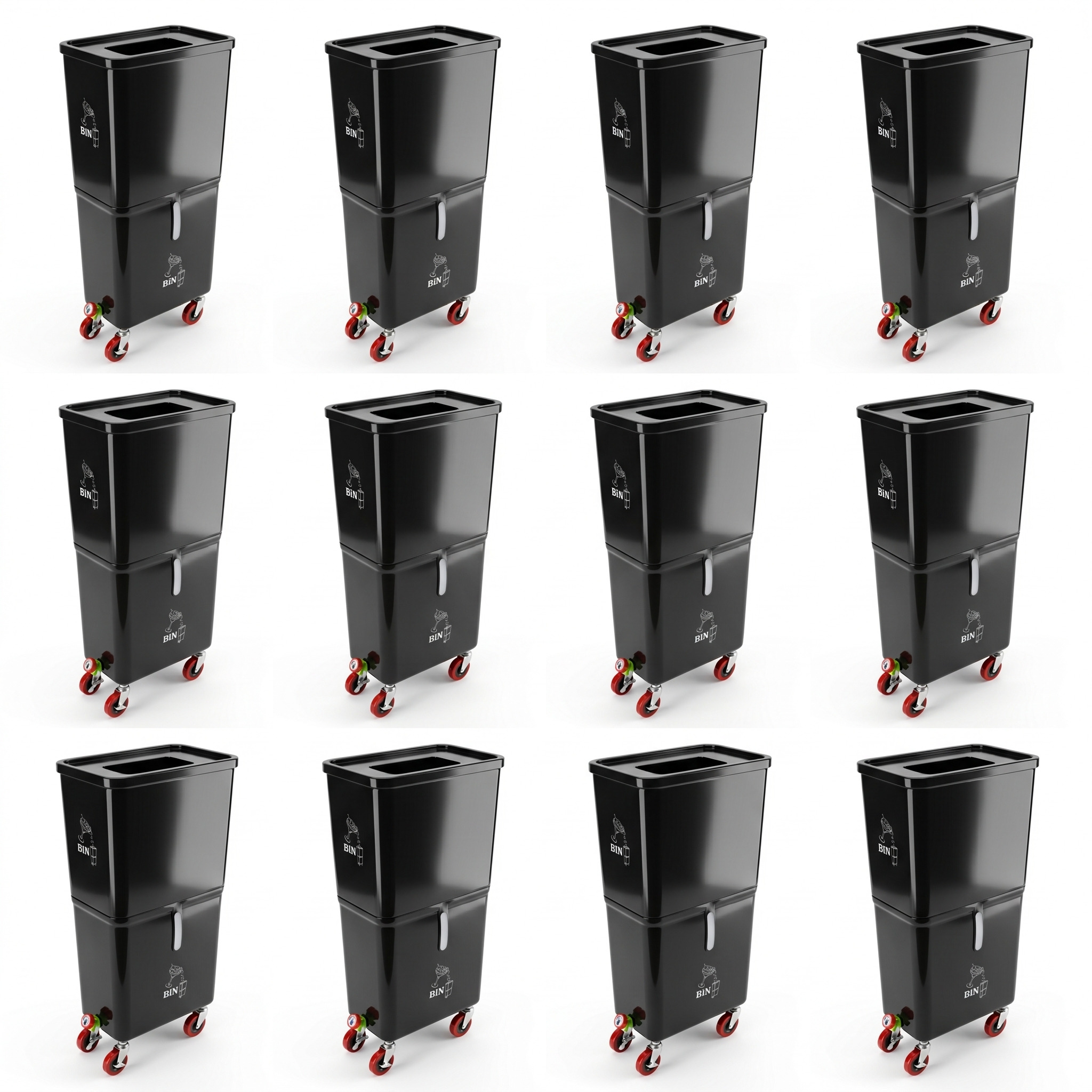 Black (12-Pack) Beverage Waste Collection Bins for Hospitality & Catering, Mobile Liquid Disposal Containers with Debris Separation, Commercial Drink Pour-Off Stations