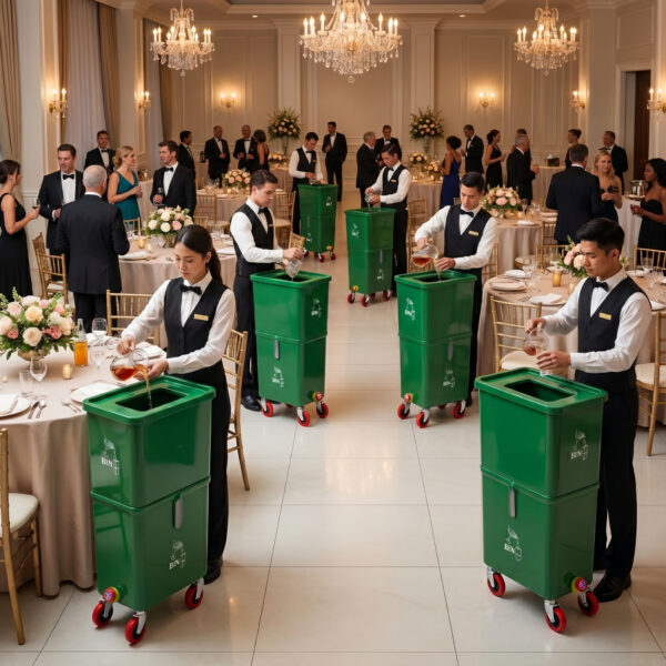Green (6-Pack) Beverage Waste Collection Bins for Hospitality & Catering, Mobile Liquid Disposal Containers with Debris Separation, Commercial Drink Pour-Off Stations - Image 3