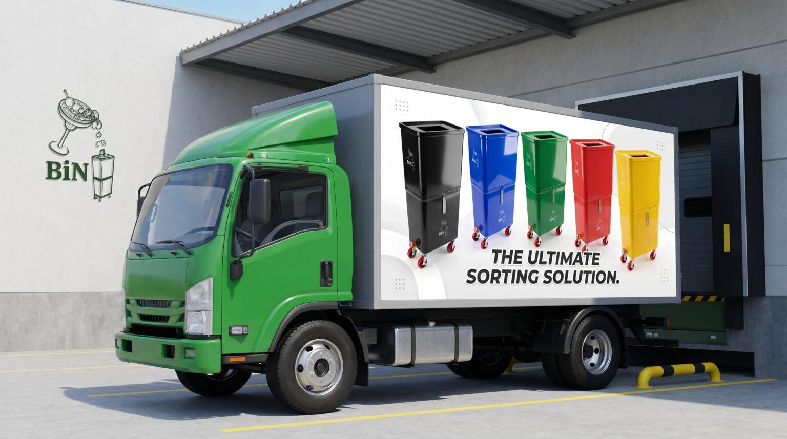 A green Beverage Bins delivery truck backed onto a loading dock, its trailer printed with the five bin colours